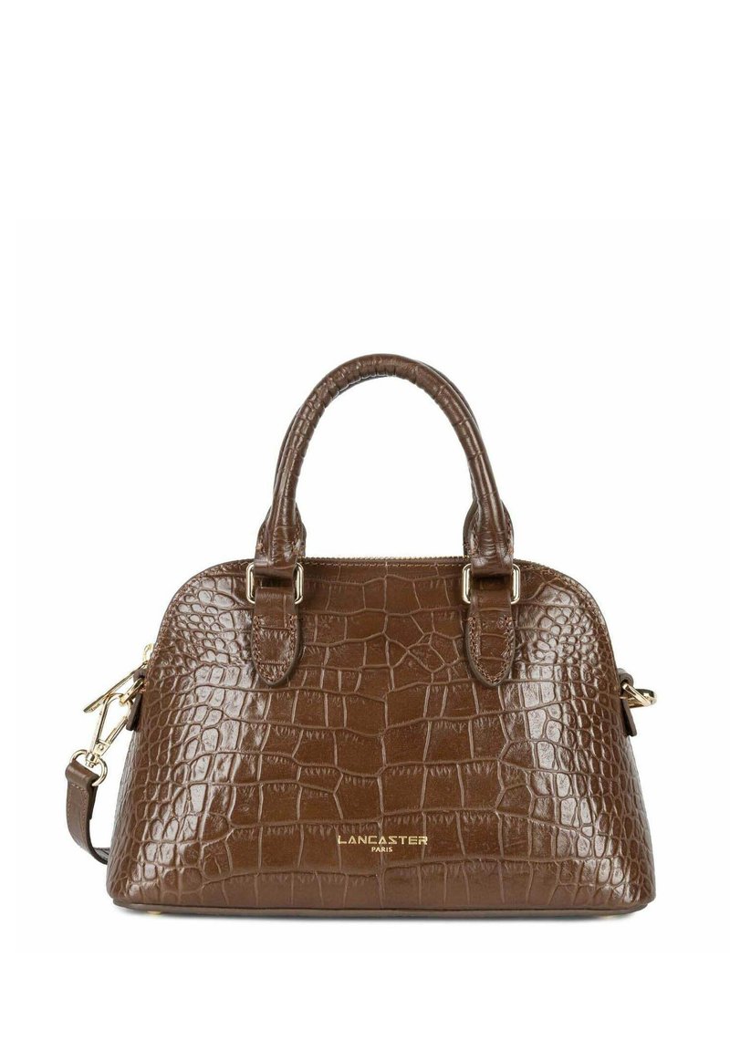 Borsa in pelle con stampa a crocodile marrone, dotata di doppi manici superiori, tracolla rimovibile e dettagli in metallo dorato. Presenta il logo del marchio sul fronte.