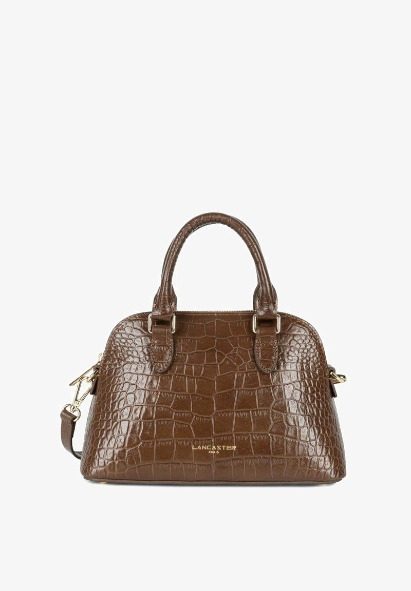 Borsa in pelle con stampa a crocodile marrone, dotata di doppi manici superiori, tracolla rimovibile e dettagli in metallo dorato. Presenta il logo del marchio sul fronte.