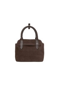 Braune Wildleder-Handtasche mit zwei Ledergriffen, einem kleinen Reißverschlussfach und einer glatten Textur. Kompakte rechteckige Form.