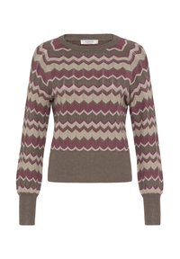 Strickpullover mit Zickzackmuster in verschiedenen burgunderrot, olivgrün, creme und hellrosa. Mit gerippten Bündchen und Saum. Runder Halsausschnitt.