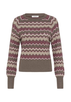Maglione lavorato a maglia con motivo a zig zag in tonalità di bordeaux, verde oliva, crema e rosa chiaro. Presenta polsini e orlo a coste. Scollatura rotonda.