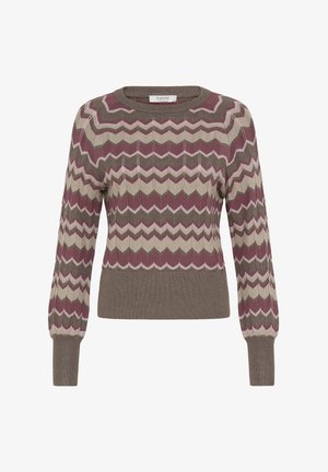 Kudumine sark, millel on sakiline muster burgundi, oliivirohelise, kreemi ja hele roosa toonides. Omab soonikuga varrukaotsi ja äärt. Ümmargune kaelus.