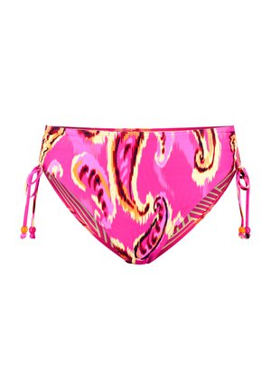 Parte inferior de bikini rosa con un patrón de paisley en tonos de amarillo y naranja. Lazos laterales adornados con cuentas de colores. Textura suave.