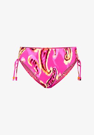 Roze bikini onderstel met een golvend paisleypatroon in tinten geel en oranje. Zijkanten met strikjes versierd met gekleurde kralen. Soepele textuur.