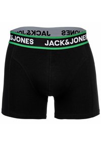 Svarta boxerkalsonger med en grå, svart och grön elastisk midja prydd med varumärket "JACK&JONES" i vit text. Slät textur.