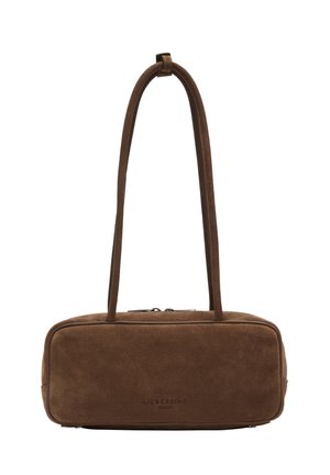 Brązowa prostokątna torba na ramię z zamszu z długim paskiem i zamkiem błyskawicznym, z markowym logo "LIEBESKIND BERLIN" na środku przodu.