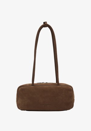 Rectangular brown suede shoulder bag with long strap and zipper closure, branded "LIEBESKIND BERLIN" on front center.