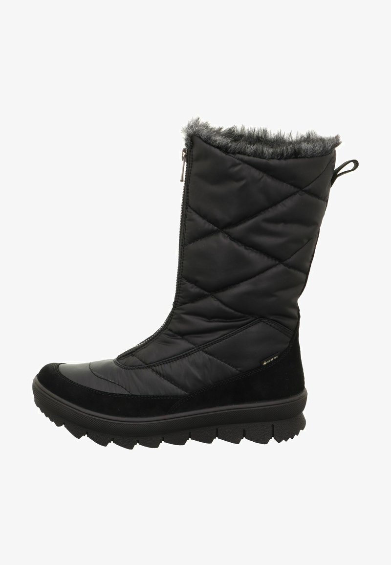 Botte d'hiver matelassée noire avec col en fausse fourrure, fermeture éclair sur le côté, semelle en caoutchouc et accents en daim doux. Présente un bout arrondi et une tige texturée.