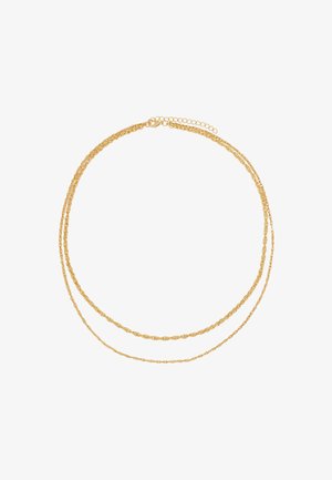 Collier en or composé de deux brins superposés avec des maillons complexes, texture lisse et fermoir sécurisé avec chaîne d'extension.