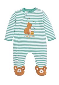 Body a righe verdi e bianche con maniche lunghe, caratterizzato da un design di un orso e testo. Accenti a forma di zampe di orso marroni completano l'outfit.