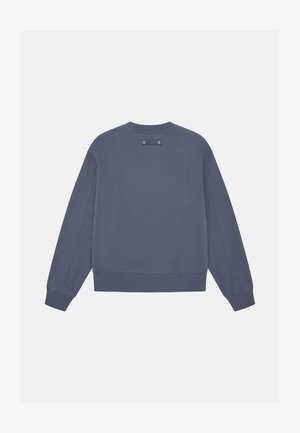 Donker marineblauwe sweatshirt met een ronde hals, ribgebreide manchetten en een textuur op de achterkant met twee ronde oogjes. Zacht materiaal en een ontspannen pasvorm.