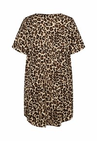 Leopardenmuster Kurzarmpkleid in Beige- und Brauntönen. Weicher Stoff mit lockerer Passform und abgerundetem Saum. Minimalistischer runder Halsausschnitt.