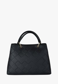 Borsa trapuntata nera con una forma strutturata, dotata di due manici arrotondati e dettagli in metallo color oro. Materiale sintetico liscio.