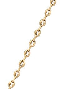 Gouden ketting met een ontwerp van ovale schakels met een gepolijste afwerking en een symmetrisch ontwerp, wat een strakke en moderne uitstraling creëert.