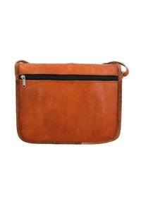 Borsa a tracolla in pelle marrone con una tasca anteriore con zip, texture liscia, forma rettangolare e cuciture rinforzate lungo i bordi.