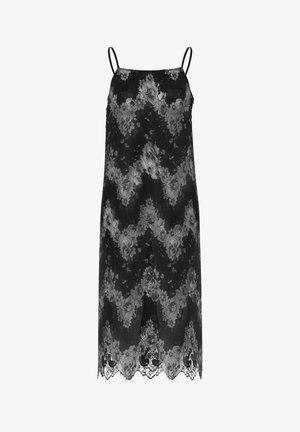 Zwarte kanten nachtjapon met bloemmotief, voorzien van dunne bandjes, vloeiende silhouet en gezoomde randafwerking. Doorschijnende stof met ingewikkeld ontwerp.