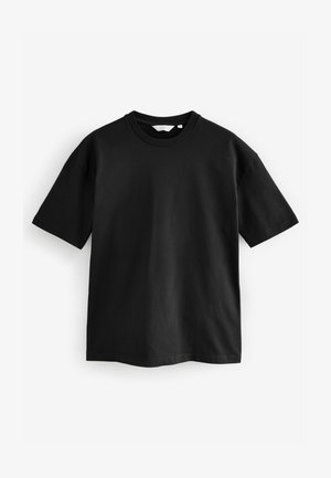 Schwarzes Baumwoll-T-Shirt mit Rundhalsausschnitt, kurzen Ärmeln und einer glatten Textur. Einfaches Design, keine sichtbaren Muster oder Akzente.