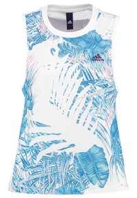 Bezrukávový sportovní top z bílé síťoviny s modrým a růžovým tropickým listovým potiskem. Navržen pro prodyšnost a pohyb.
