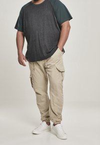 Ciemnoszary i morski t-shirt z krótkim rękawem połączony z beżowymi spodniami bojówkami z kieszeniami oraz białymi sneakersami o teksturowanej powierzchni.