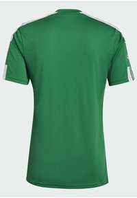 Grön kortärmad sporttröja med vita ränder på ärmarna och Adidas-logga på höger ärm, sedd från baksidan.