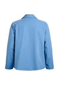 Světlomodrá dlouhý rukáv bunda pohled zezadu s límcem a jednoduchou, hladkou látkou.
