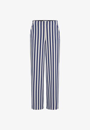 Højttaljede bukser med lige ben i lodrette marineblå og hvide striber samt sidelommer.