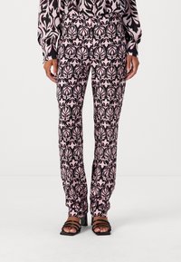 Hosen mit floralem Muster in Pink- und Schwarztönen, aus leichtem Stoff gefertigt, mit lockerer Passform und elastischem Bund.