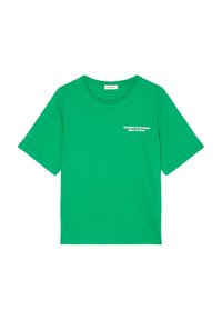 Camiseta de algodón verde con corte relajado, cuello redondo y mangas cortas. Presenta texto blanco que dice "Jardín de Suecia Marc O'Polo."