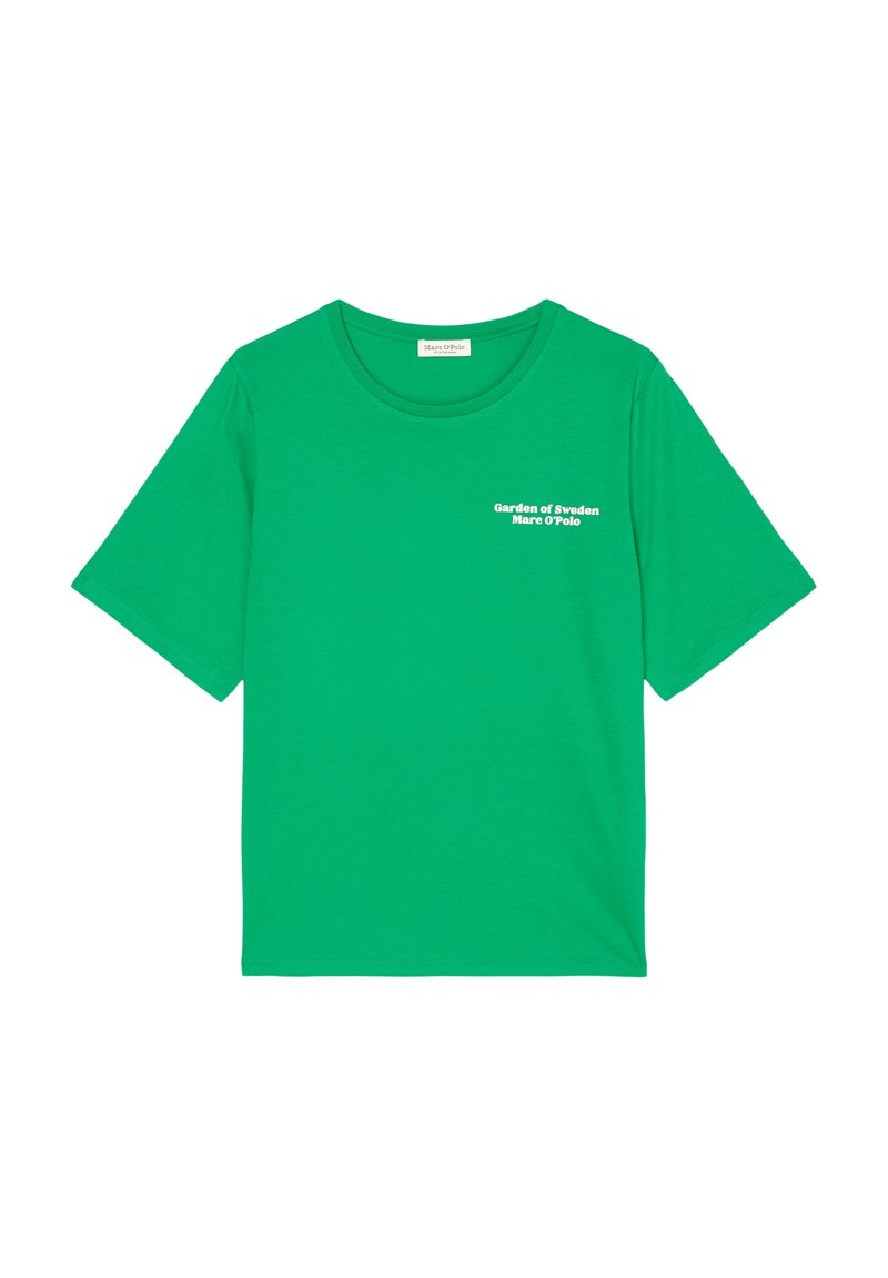Camiseta de algodón verde con corte relajado, cuello redondo y mangas cortas. Presenta texto blanco que dice "Jardín de Suecia Marc O'Polo."