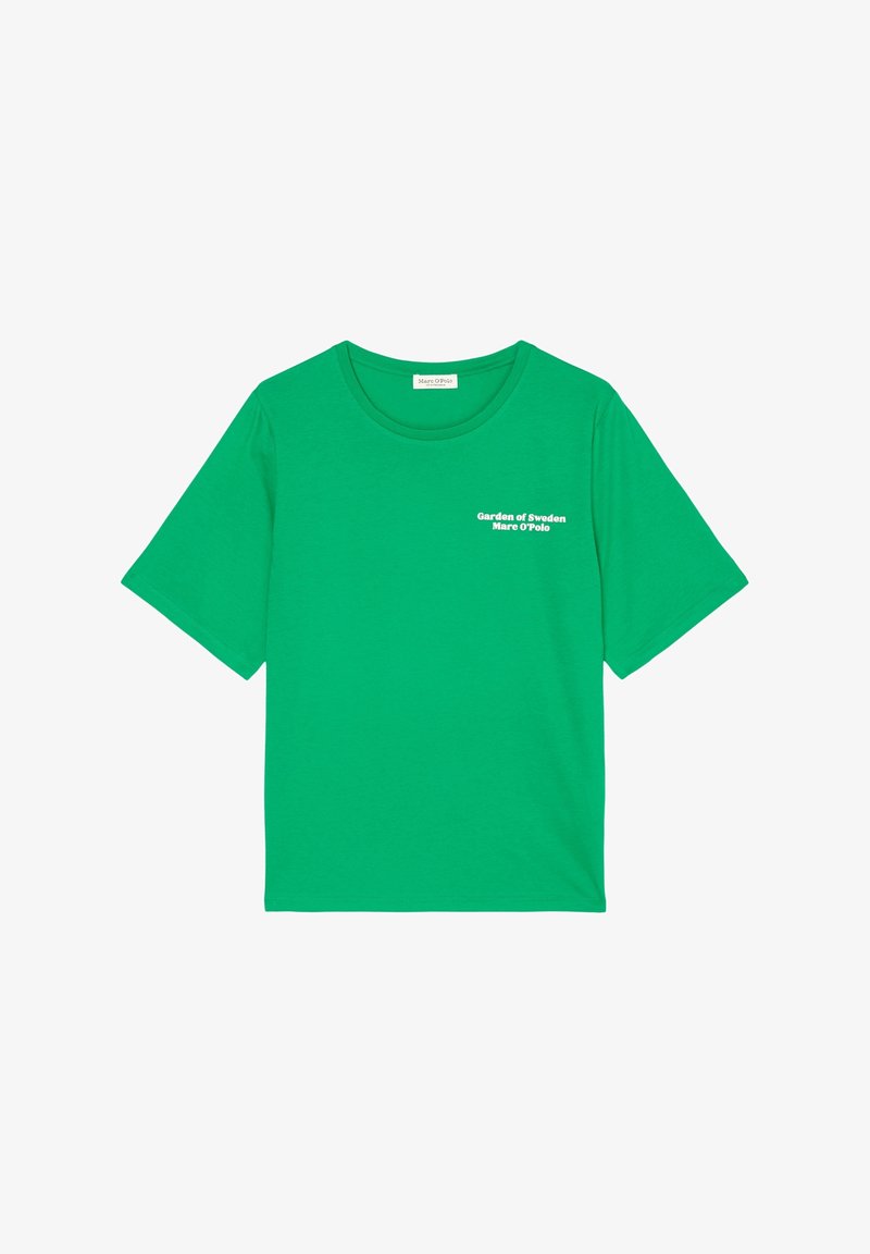 Camiseta de algodón verde con corte relajado, cuello redondo y mangas cortas. Presenta texto blanco que dice "Jardín de Suecia Marc O'Polo."