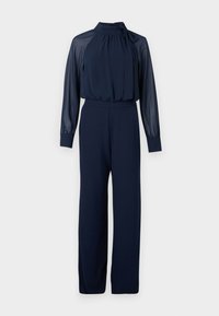 Marineblå jumpsuit med høy hals og sløyfedetalj, lange gjennomsiktige ermer og vide ben laget av glatt stoff.