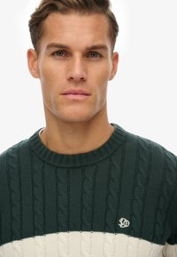 Maglione a trecce di colore verde scuro con pannello orizzontale bianco. Presenta scollatura rotonda e logo ricamato sul petto. Texture morbida.