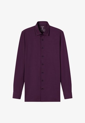 Long-sleeve, button-up shirt in deep purple fabric with a smooth texture. Features a classic collar and six black buttons down the front.