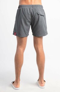 Grijze zwembroek met een elastische tailleband, achterzak en rode logodetails. Zacht materiaal en ontwerp boven de knie.