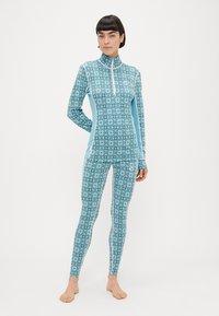 Ολόσωμη θερμική φόρμα σε ανοιχτό γαλάζιο με λευκές λεπτομέρειες, διαθέτει γεωμετρικό μοτίβο, ψηλό γιακά και φερμουάρ μπροστά για εύκολη εφαρμογή.