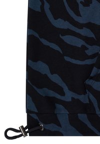 Tissu à motif bleu et noir avec un design semblable à un zèbre, doté d'un cordon de serrage et d'accents métalliques à l'ourlet pour l'ajustement.