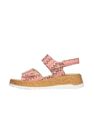 Rosa gemusterte Keilsandaletten mit Korksohle, mit einem strukturierten Stoffobermaterial und verstellbarem Riemen für einen sicheren Sitz.