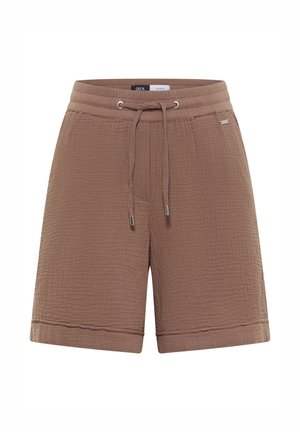 Shorts décontractés marron mi-longs avec taille à cordon et tissu texturé, ourlets roulés et étiquette métallique sur le côté.
