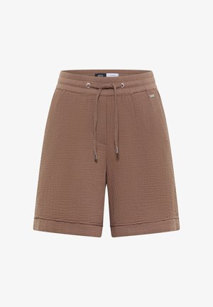 Shorts décontractés marron mi-longs avec taille à cordon et tissu texturé, ourlets roulés et étiquette métallique sur le côté.