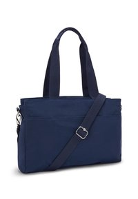 Navy blue tote bag with dual handles, adjustable shoulder strap, flat design, zipper closure, and front pocket. Smooth, durable material.