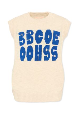Kremowa, dzianinowa kamizelka bez rękawów z wyrazistymi, zniekształconymi niebieskimi literami na piersi, z prążkowanym dekoltem i dołem.