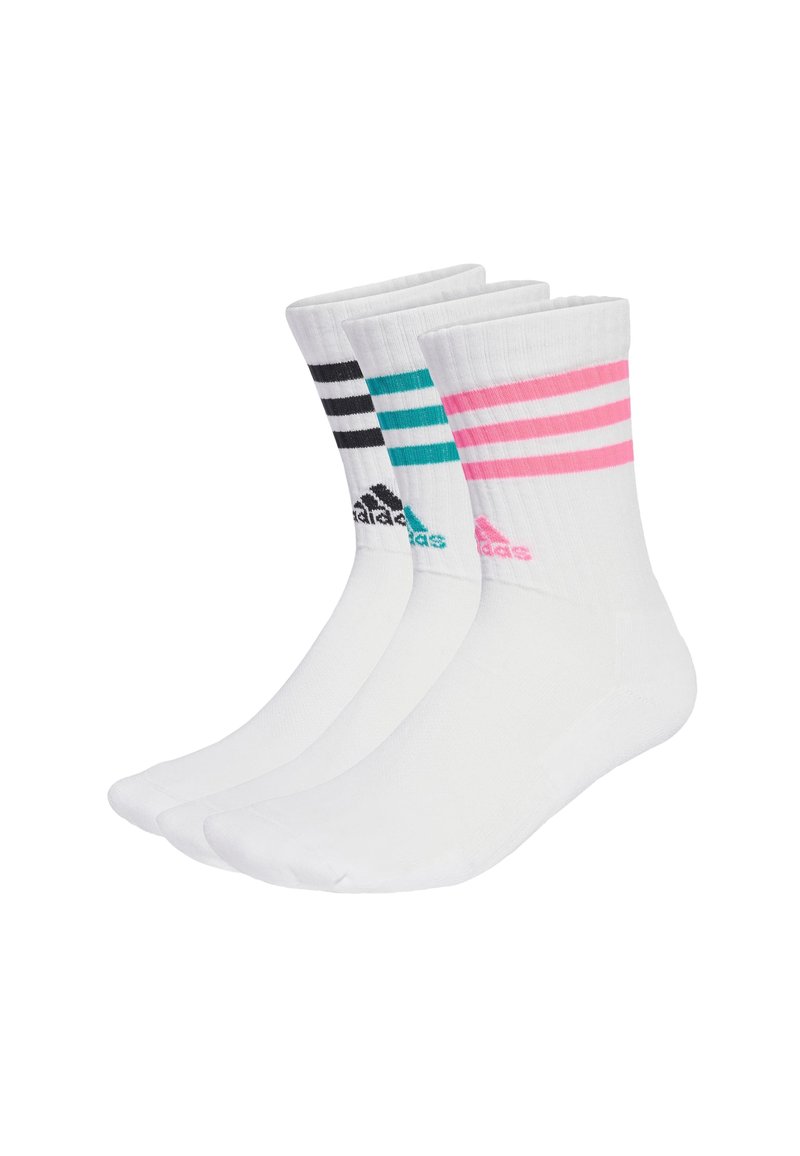 Calze bianche con strisce di diversi colori: una nera, una teal e una rosa. Ognuna ha un'altezza alla caviglia e un logo Adidas vicino alla parte superiore.