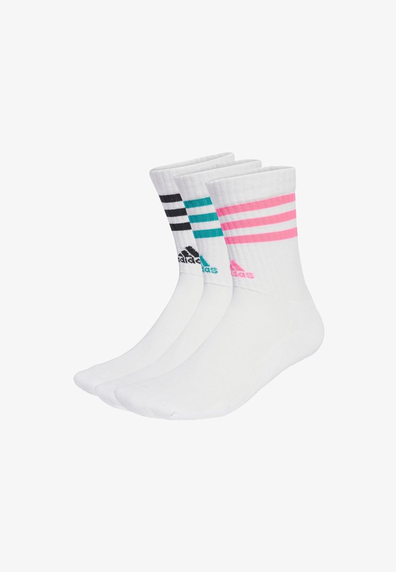 Bele nogavice z različnimi barvnimi črtami: ena črna, ena teal in ena rožnata. Vsaka ima višino do gležnja in Adidas simbol blizu vrha.