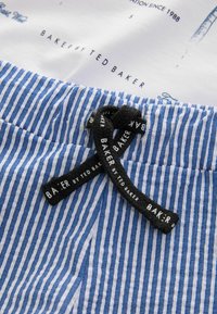 Tessuto a righe blu e bianco con un nastro nero recante la scritta "BAKER by TED BAKER", annodato in vita. Texture liscia, design casual.