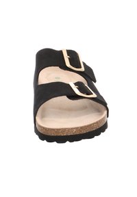 Schwarze Wildledersandale mit zwei Goldfarbenen Schnallen, Korkfußbett und strukturiertem Gummisohle. Offenes Design für Atmungsaktivität und Komfort.