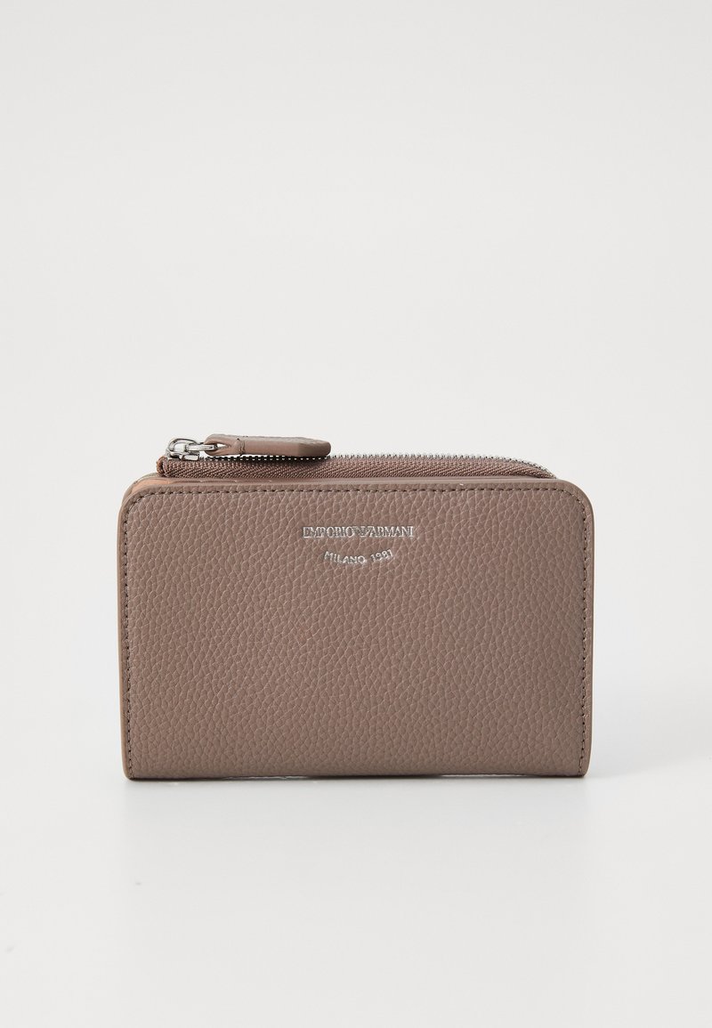 Brown leather wallet with a textured surface, zip closure, and silver logo detailing on the front. Compact rectangular design.