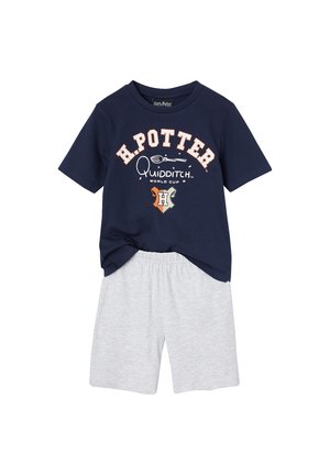 Navy blue short-sleeve shirt with "H. Potter Quidditch World Cup" text and emblem, paired with light gray elastic waist shorts.