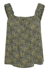 Ärmlös topp med fyrkantig halsringning, samlade axelremmar, blå bakgrund, mönster med gula och vita prickar, lätt tyg.