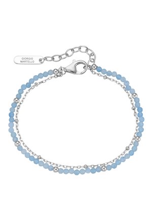 Delicate silver bracelet with light blue beads, small silver spheres, a lobster clasp, and an engraved Giorgio Martello tag.