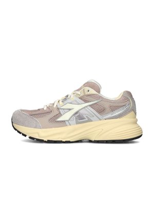 Light brown athletic shoe with a suede toe cap, mesh upper, yellow accents, and a textured black rubber sole. Features a logo on the side.